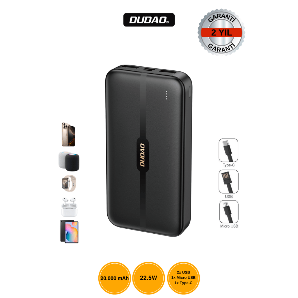 DUDAO K4S+ 20.000mAh Powerbank 22.5W Hızlı Şarj Siyah