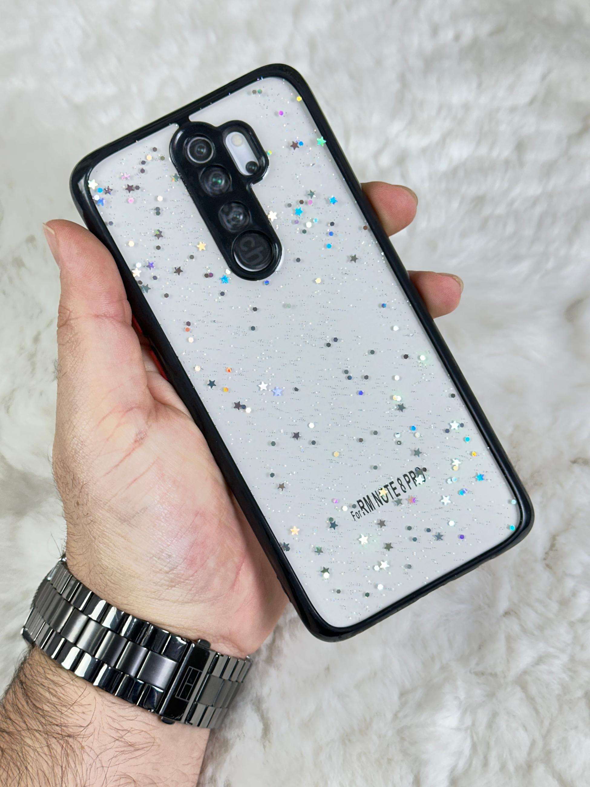 Xiaomi Redmi Note 8 Pro Arkası Sert Silikon Simli Yıldızlı Law Kılıf