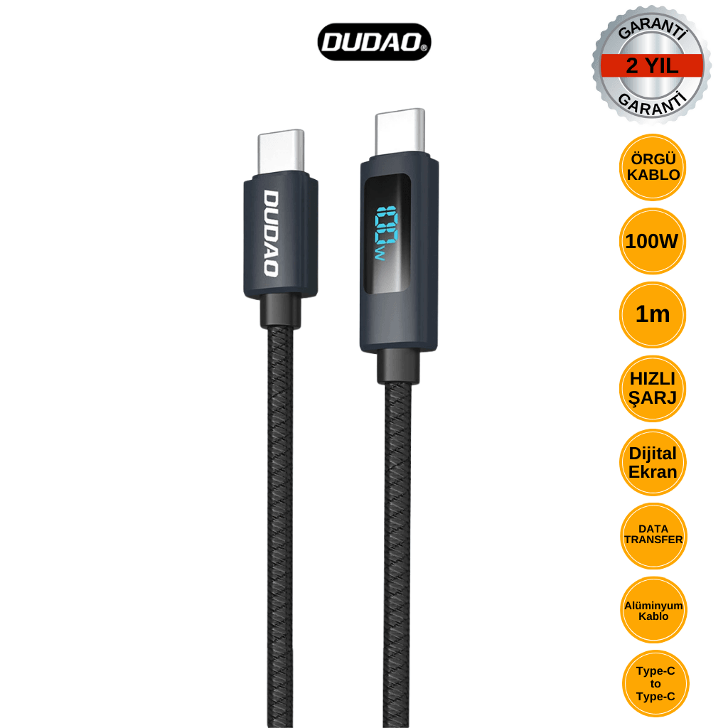 DUDAO L7C 100W Type-C to Type-C Dijital Ekranlı Örgü Şarj Kablosu - 1m, 2 Yıl Garanti