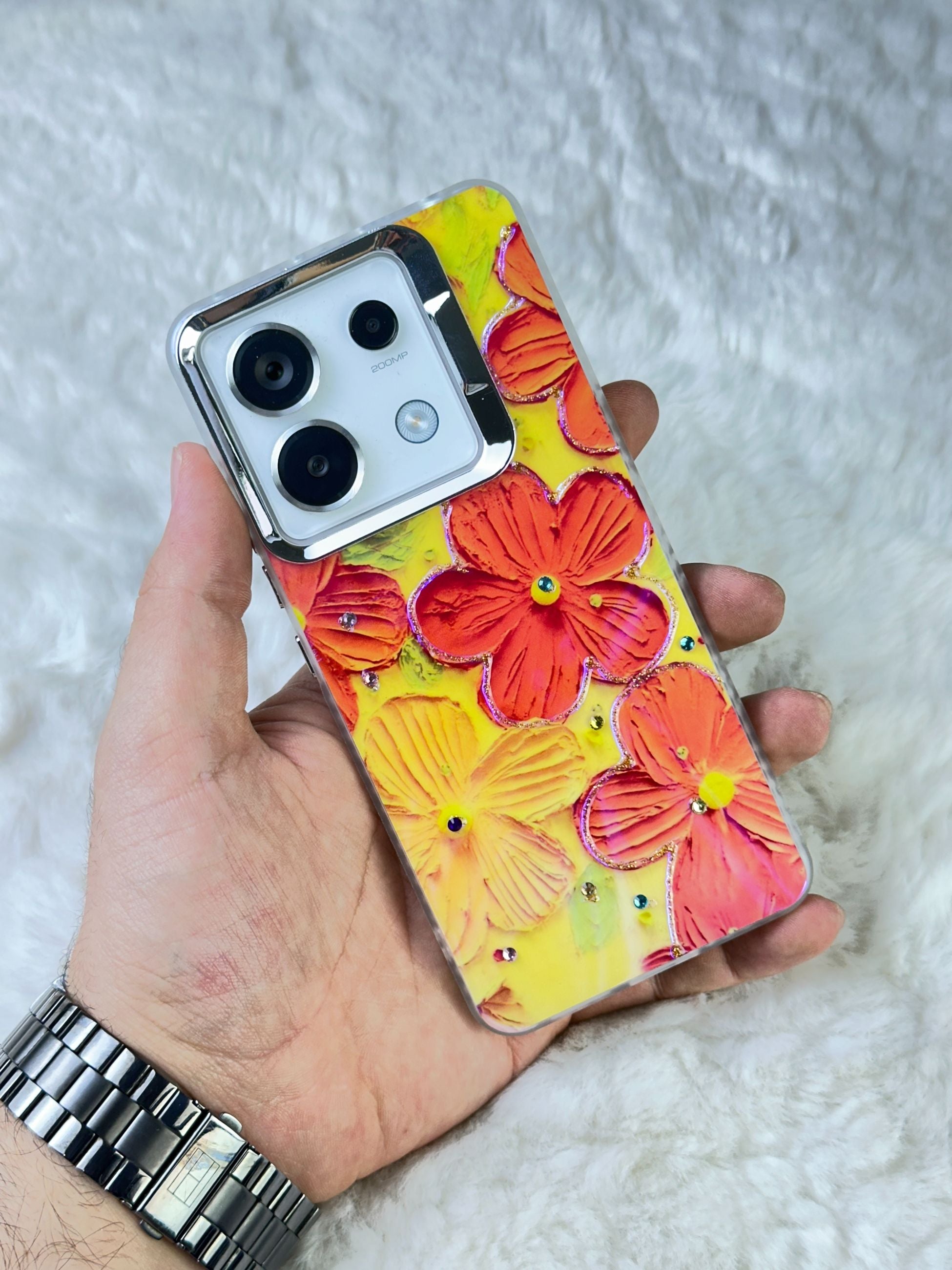 Xiaomi Redmi Note 13 Pro 4G Parlak Çiçekli Taşlı Desenli Paint Kılıf