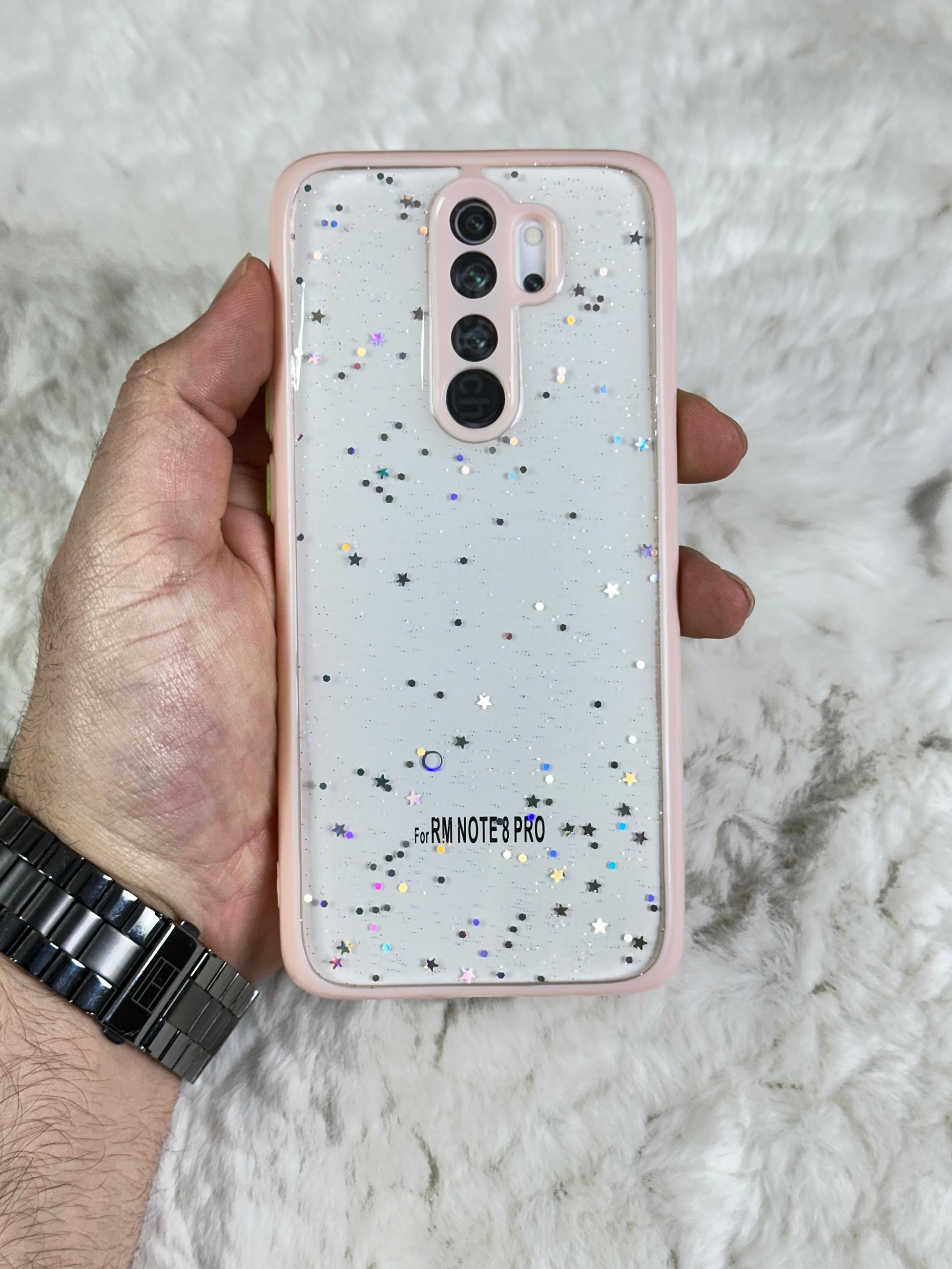 Xiaomi Redmi Note 8 Pro Arkası Sert Silikon Simli Yıldızlı Law Kılıf