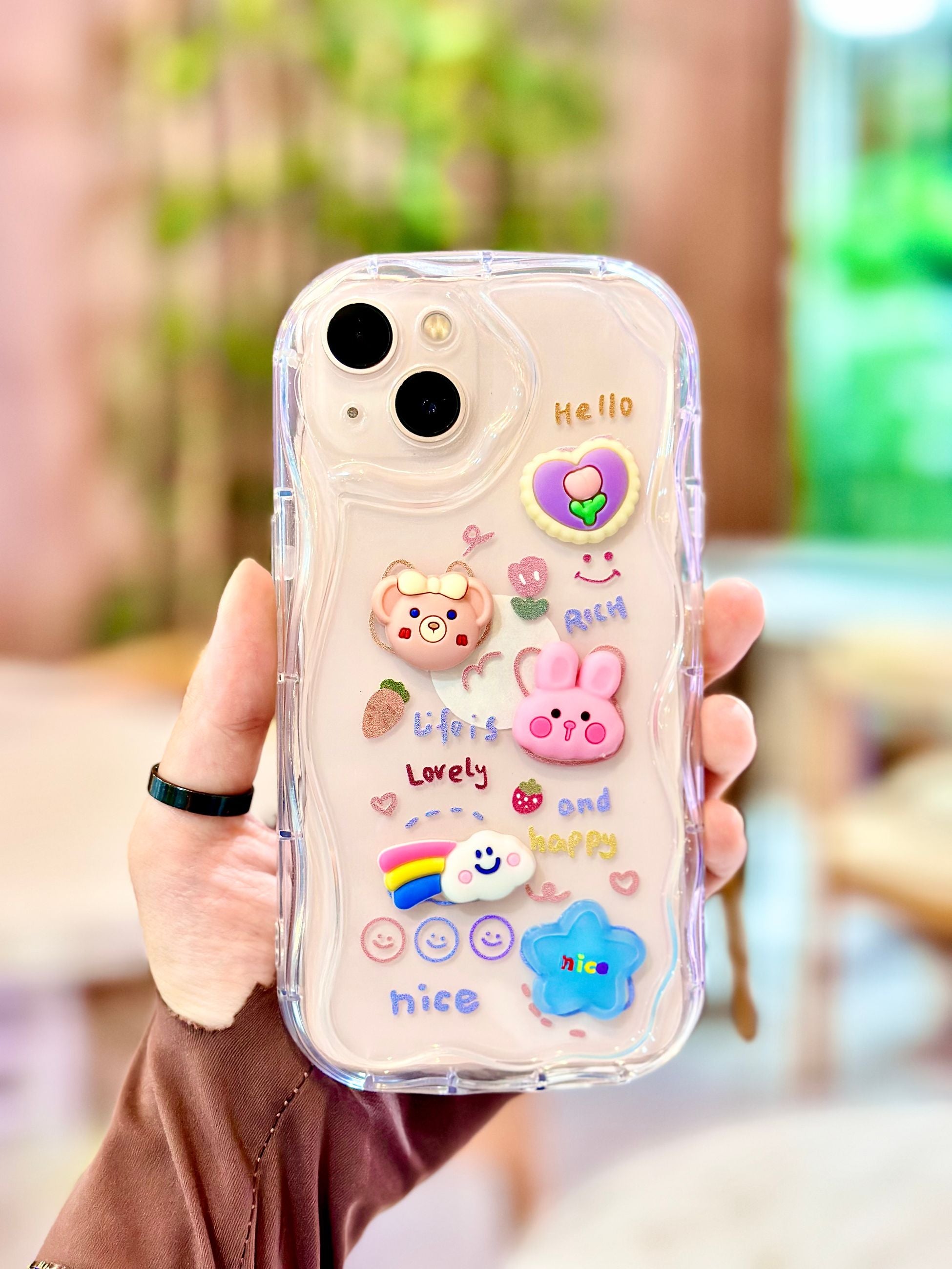 iPhone 13 3D Hayvan ve Gökkuşağı Figürlü Şeffaf Lovely Telefon Kılıfı