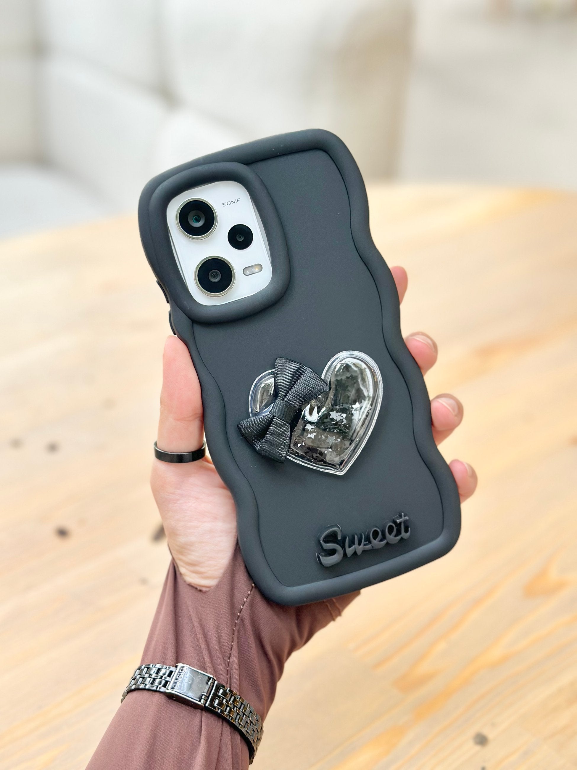 Redmi Note 12 Pro 5G Uyumlu Renkli Kalp Kurdele Detaylı Simli Dalgalı Sweety Kılıf