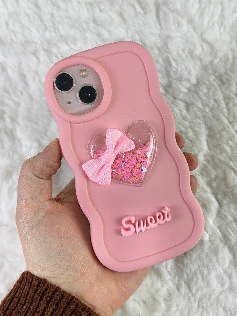 iPhone 15 Renkli Kalp Kurdele Detaylı Simli Dalgalı Sweety Kılıf