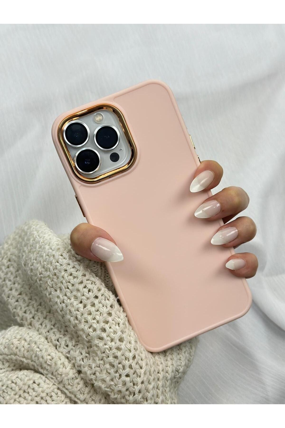 iPhone 15 Pro içi Kadife Parlak Metal Detaylı Pastel Silikon Lansman RUBY Kılıf