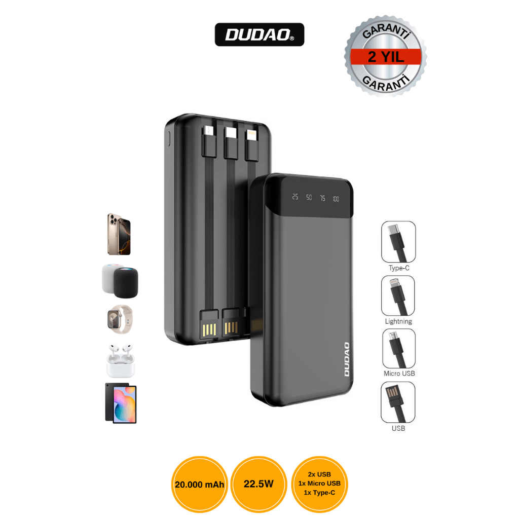 DUDAO K6PRO+ 20.000mAh Powerbank 22.5W Hızlı Şarj Siyah
