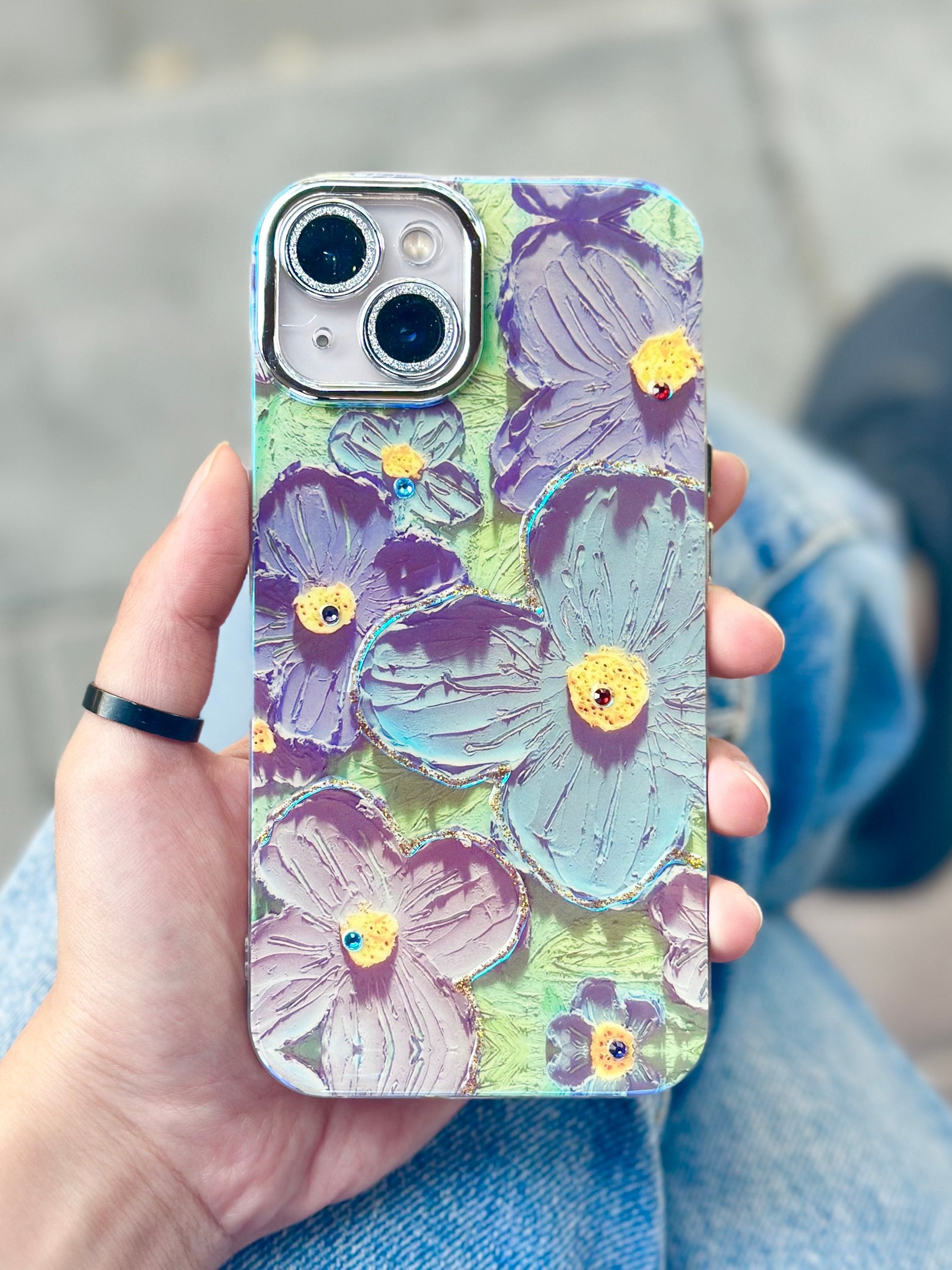 iPhone 15 Plus Çiçek Desenli Lens Koruyuculu Paint Kılıfı