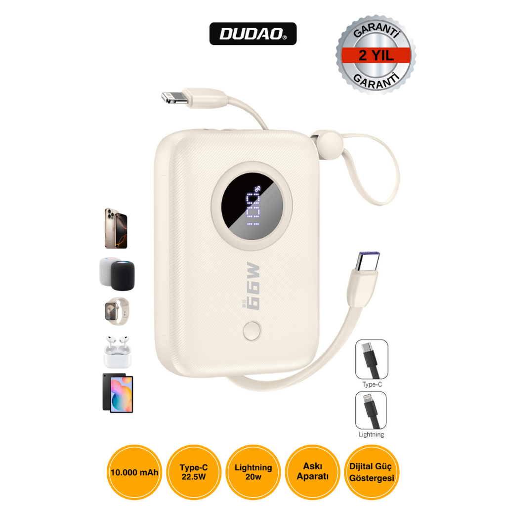 DUDAO K14 10.000mAh Powerbank 66W Hızlı Şarj Beyaz