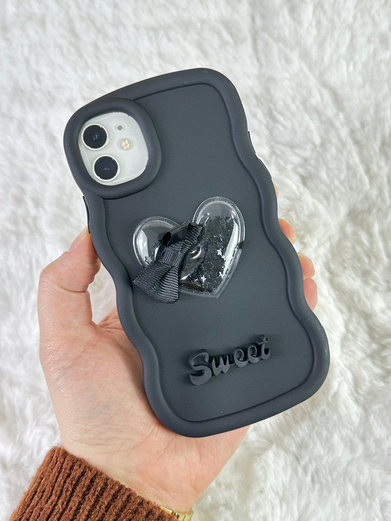 iPhone 11 Renkli Kalp Kurdele Detaylı Simli Dalgalı Sweety Kılıf