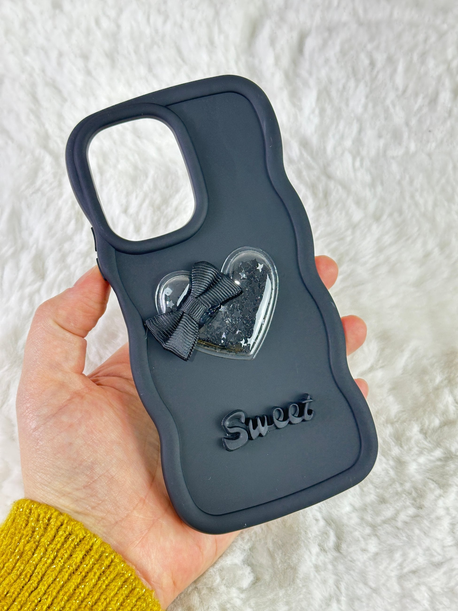 Redmi 12 Uyumlu Renkli Kalp Kurdele Detaylı Simli Dalgalı Sweety Kılıf