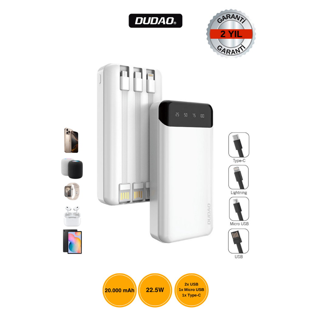DUDAO K6PRO+ 20.000mAh Powerbank 22.5W Hızlı Şarj Beyaz