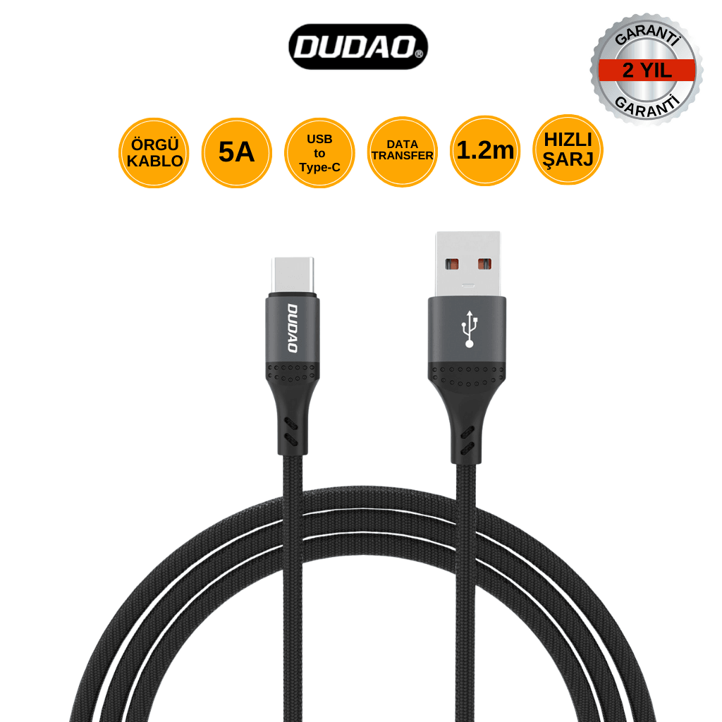 DUDAO L3ST 5A USB to Type-C Örgü Şarj Kablosu - 1.2m, 2 Yıl Garanti