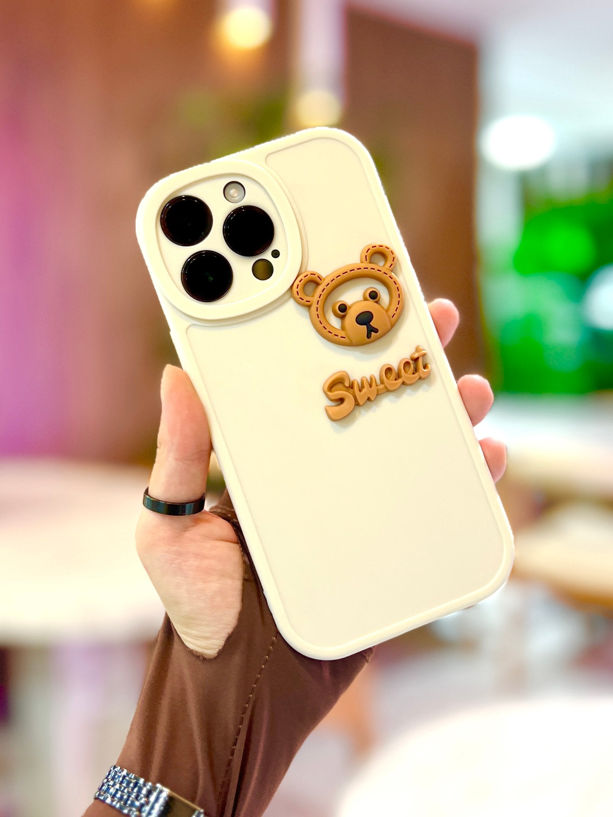 iPhone 15 Pro Max Ayıcık Desenli Sevimli 3 Boyutlu Tatlı Şirin Kamera Korumalı Silikon Shape Kılıf