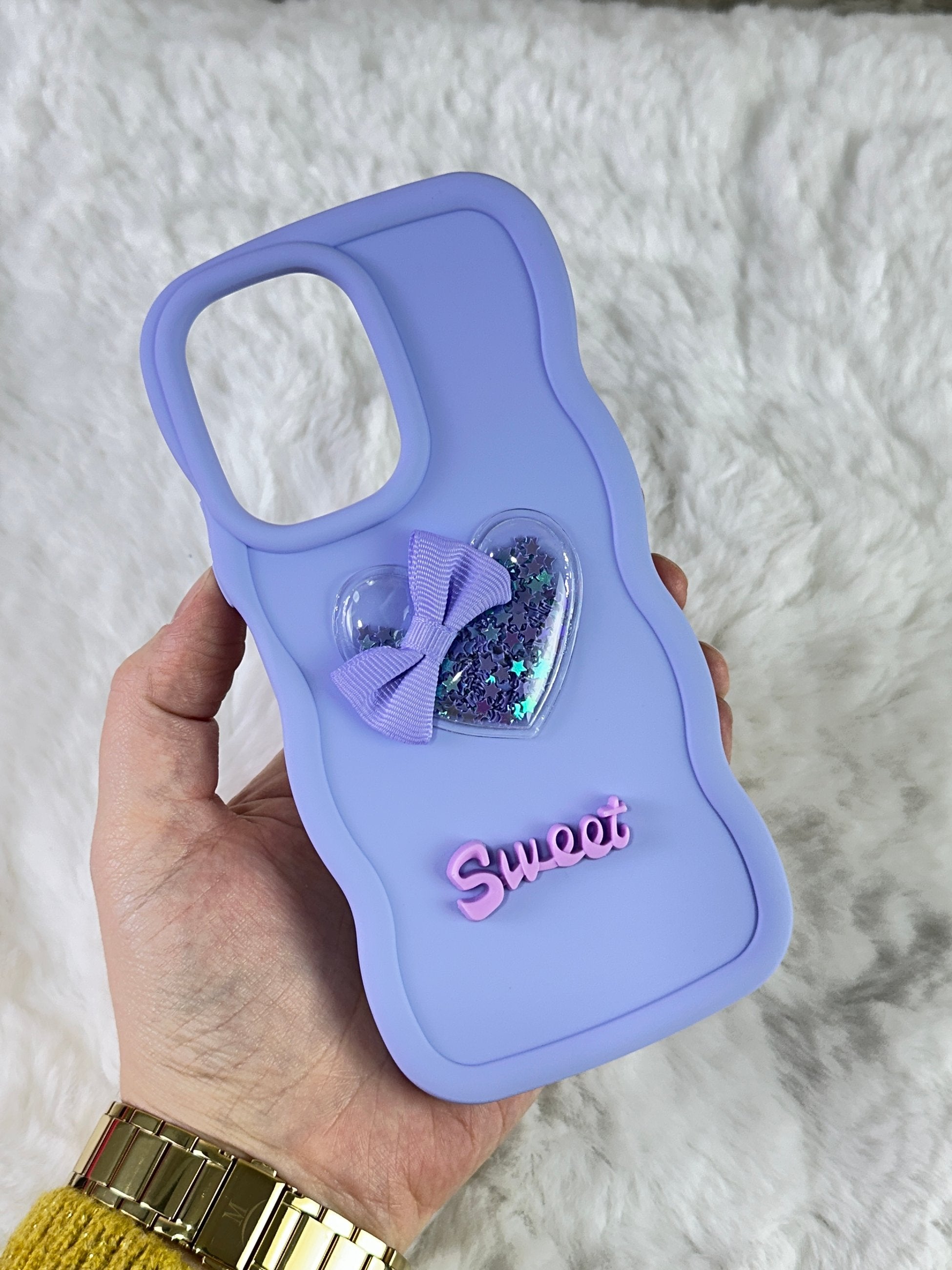 Redmi 12 Uyumlu Renkli Kalp Kurdele Detaylı Simli Dalgalı Sweety Kılıf