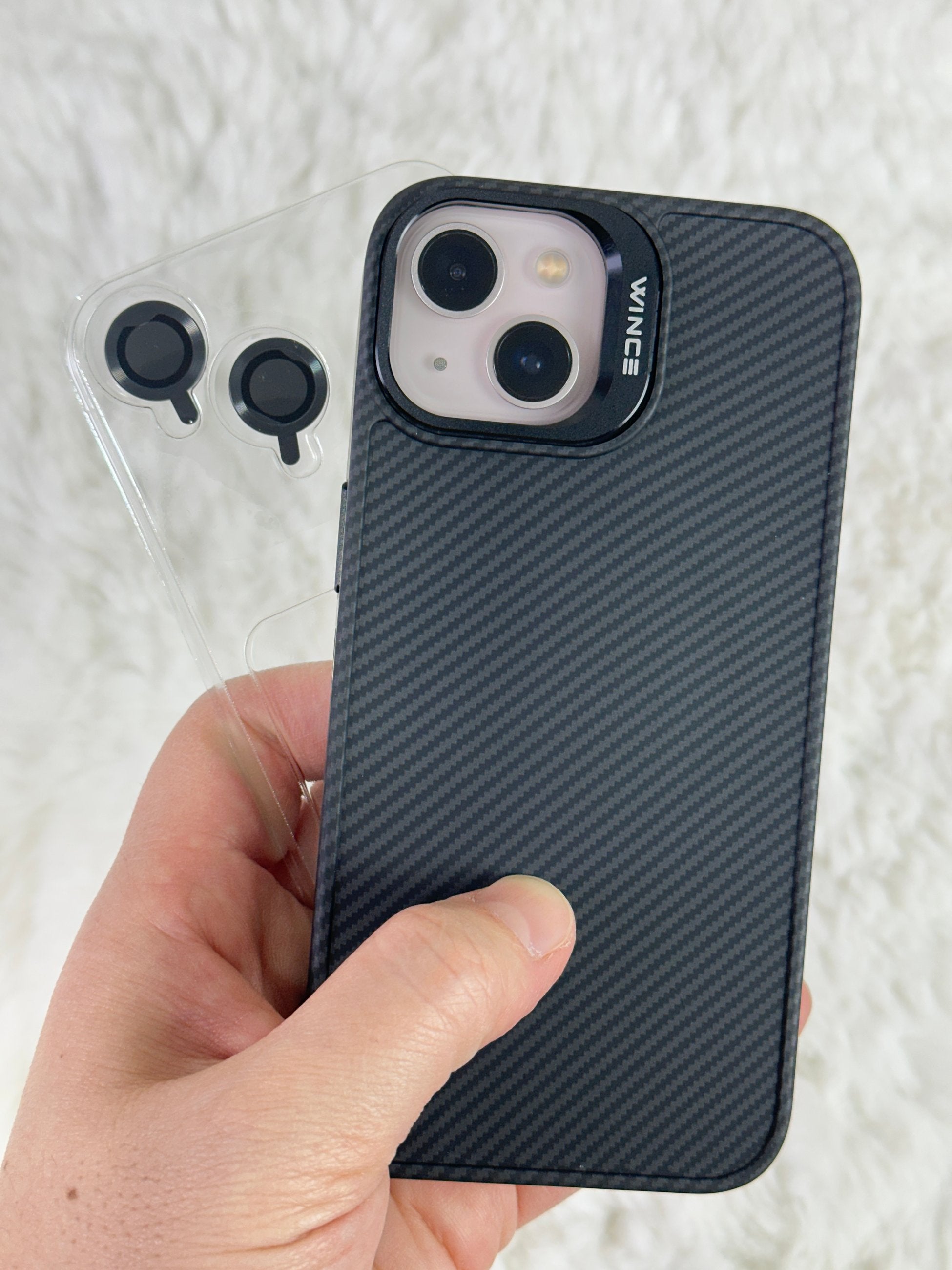 iPhone 13 Karbon Kamera Kısmı Stand Olabilen Kılıf ile Aynı Renkte Lens Koruyuculu Mag Karbon Kılıf