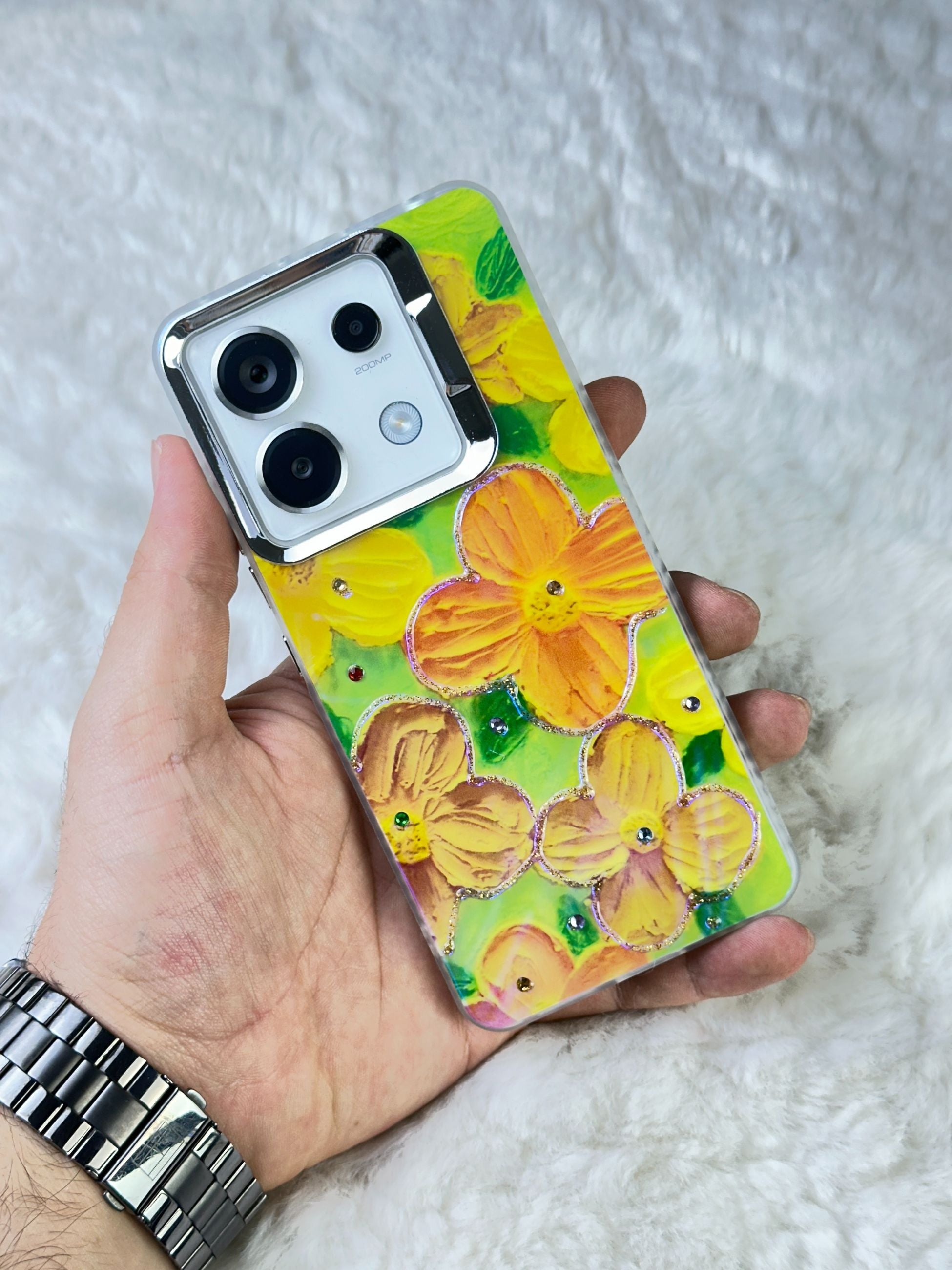 Xiaomi Redmi Note 13 Pro 4G Parlak Çiçekli Taşlı Desenli Paint Kılıf