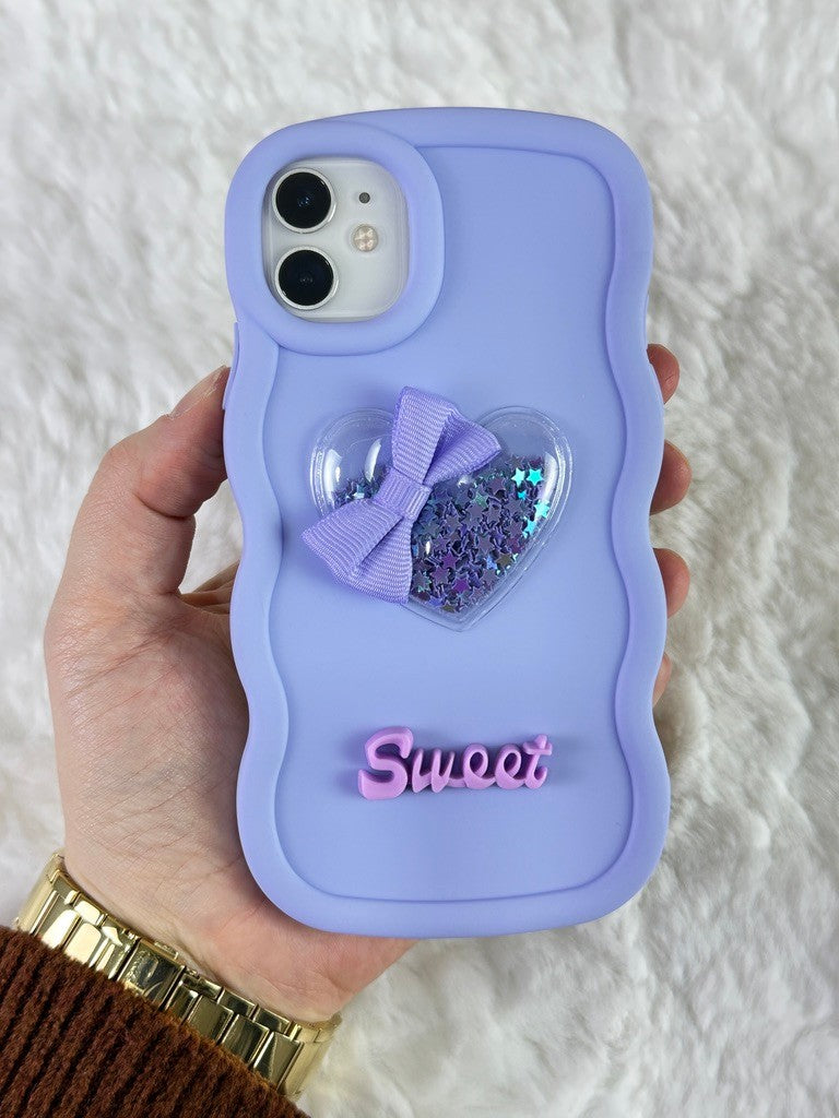 iPhone 11 Renkli Kalp Kurdele Detaylı Simli Dalgalı Sweety Kılıf