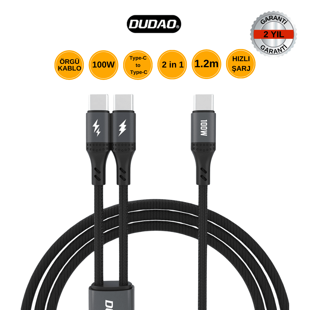 DUDAO L3F 100W Type-C to Type-C Örgü Şarj Kablosu - 1.2m, 2 Yıl Garanti