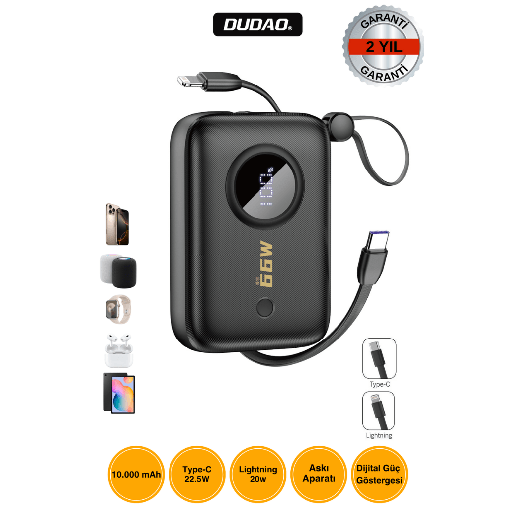 DUDAO K14 10.000mAh Powerbank 66W Hızlı Şarj Siyah