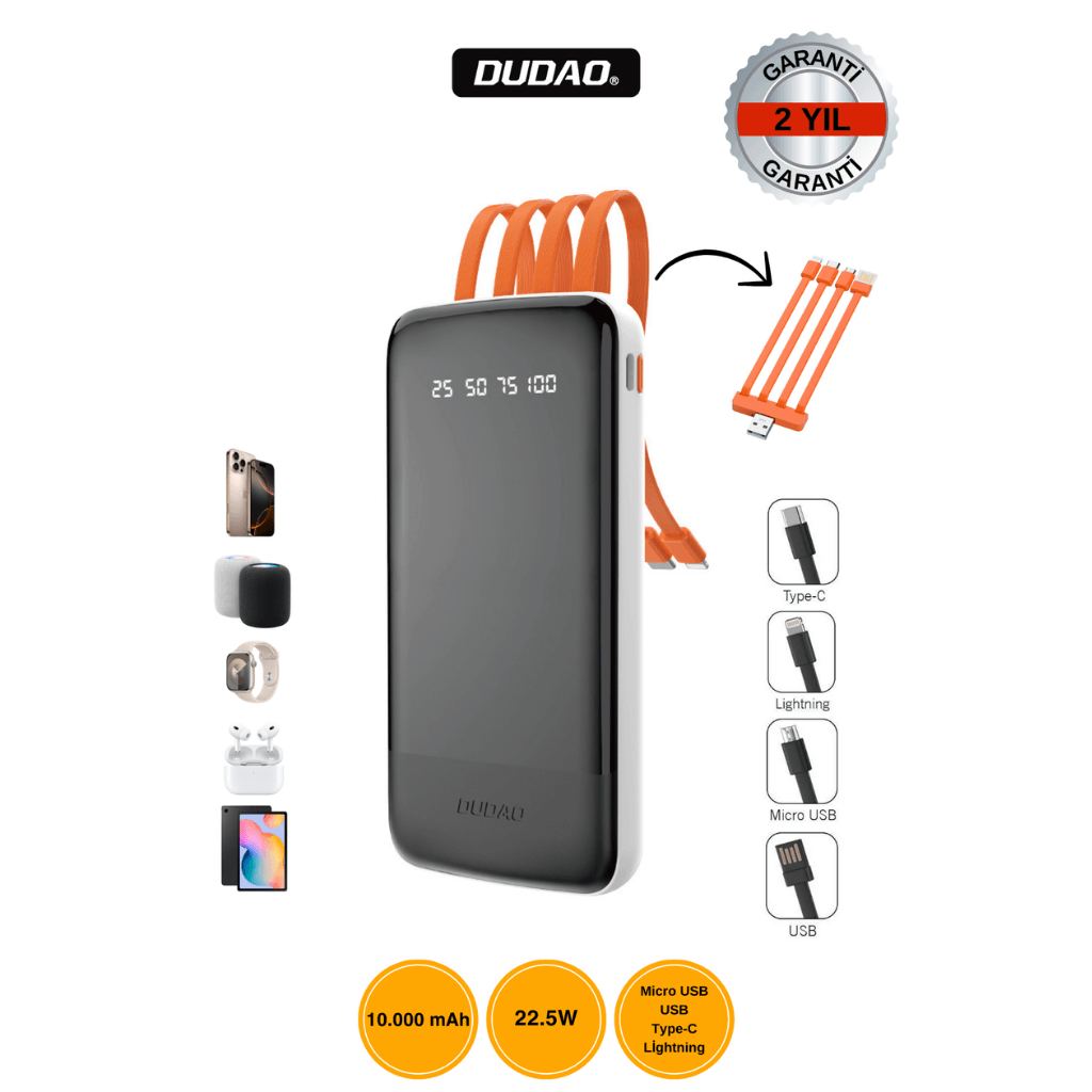 DUDAO K6PRO 10.000mAh Powerbank 22.5W Hızlı Şarj Beyaz