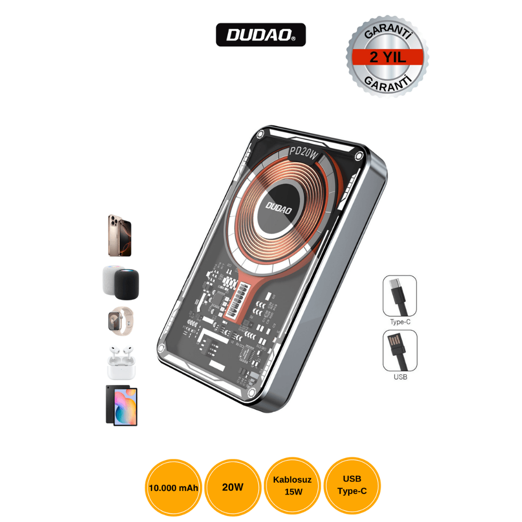 DUDAO TGK1 Transparan Yüzeyli Kablosuz 15W Magsafe Özellikli Powerbank