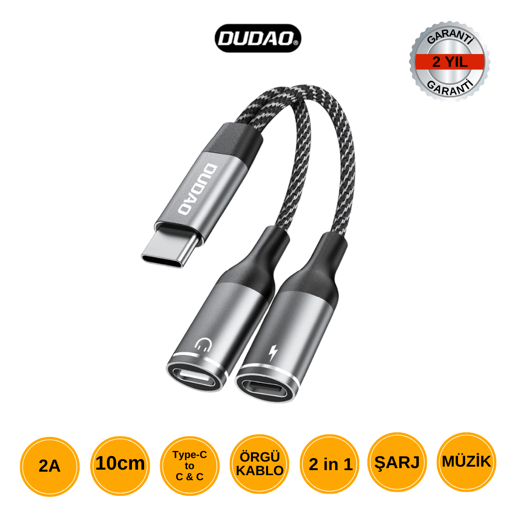 DUDAO L13C+ 2'si 1 Arada Type-C Dönüştürücü - Şarj ve Müzik, 2A Örgü Kablo (10cm)