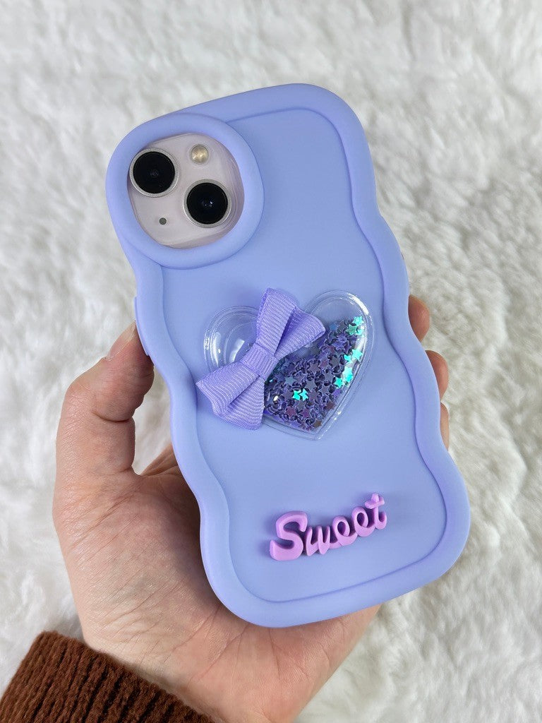 iPhone 14 Renkli Kalp Kurdele Detaylı Simli Dalgalı Sweety Kılıf