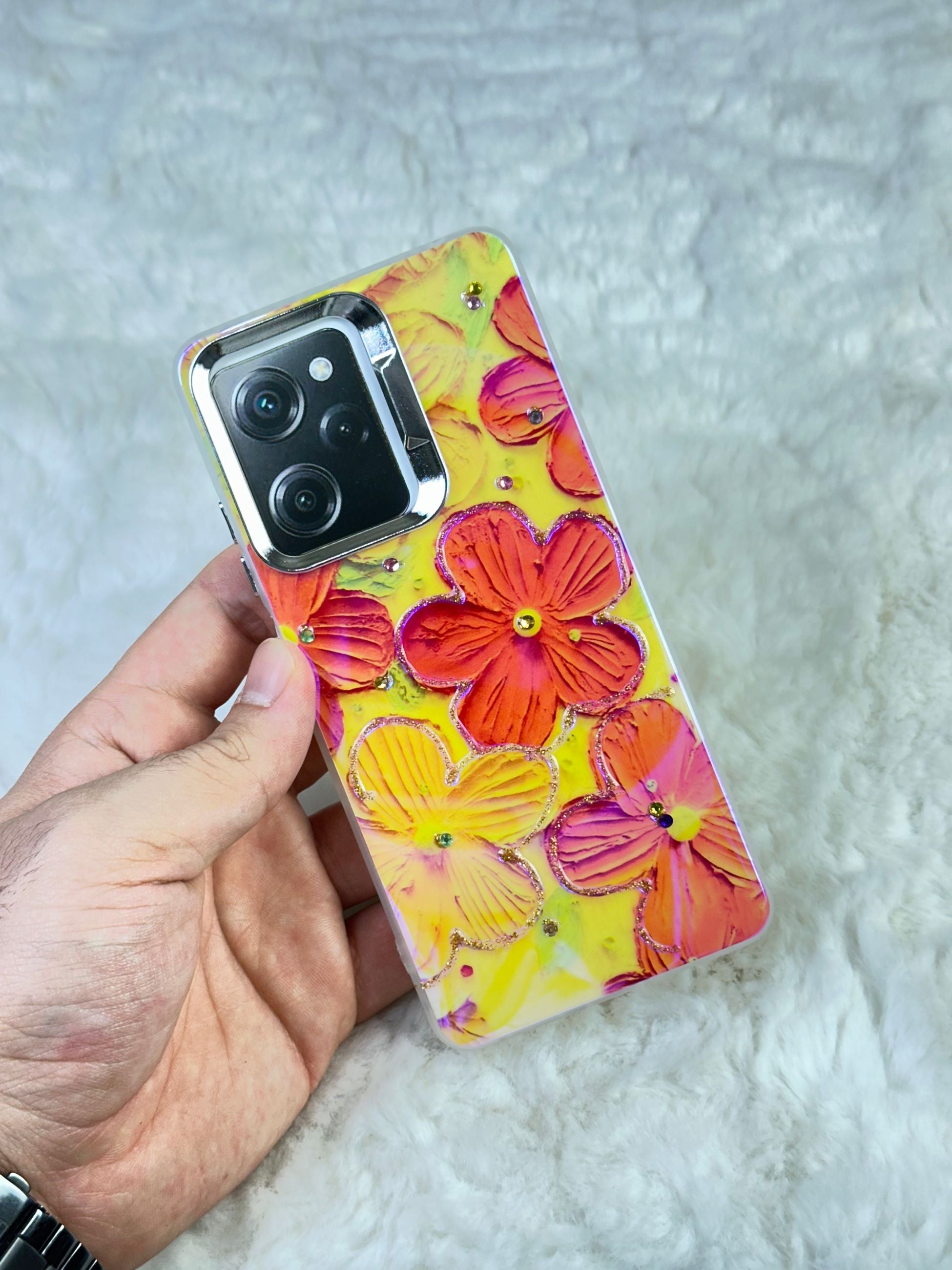 Xiaomi Redmi Note 12 Pro 5G Parlak Çiçekli Taşlı Desenli Paint Kılıf