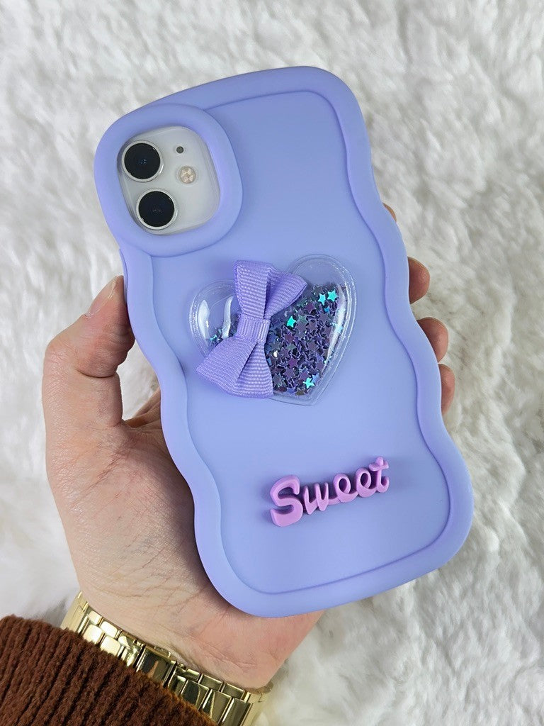 iPhone 11 Renkli Kalp Kurdele Detaylı Simli Dalgalı Sweety Kılıf