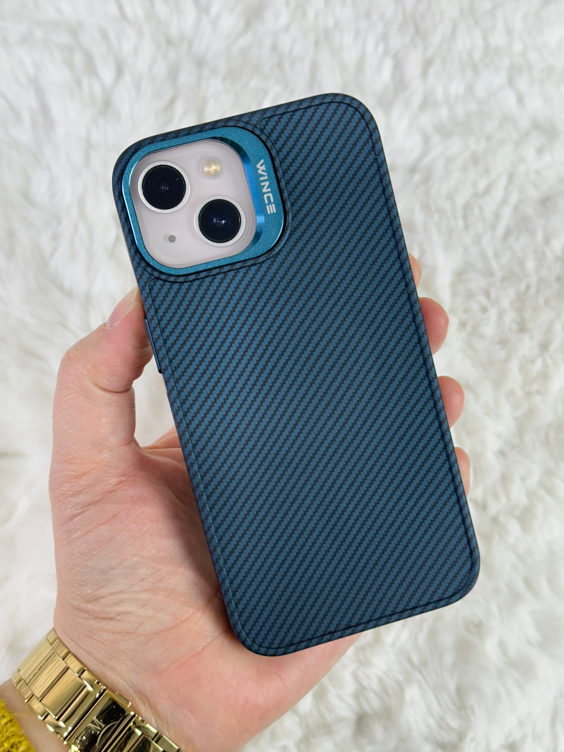 iPhone 13 Karbon Kamera Kısmı Stand Olabilen Kılıf ile Aynı Renkte Lens Koruyuculu Mag Karbon Kılıf