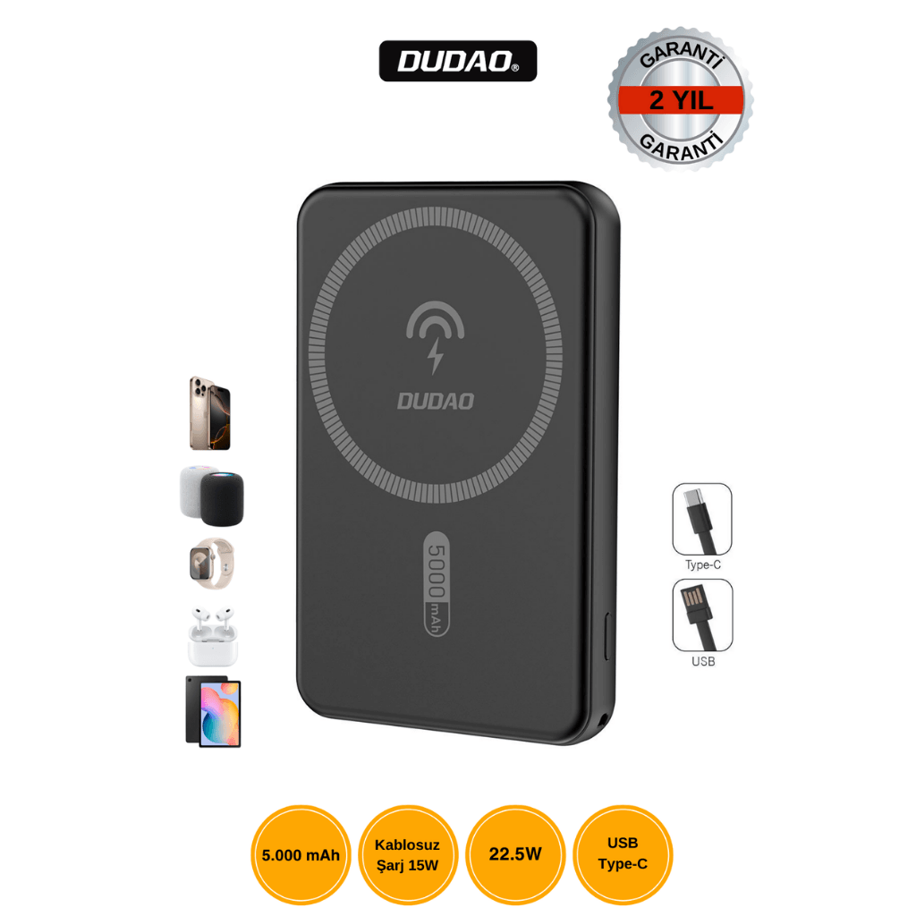 DUDAO K14S 5.000mAh Powerbank 15W Kablosuz Şarj Siyah