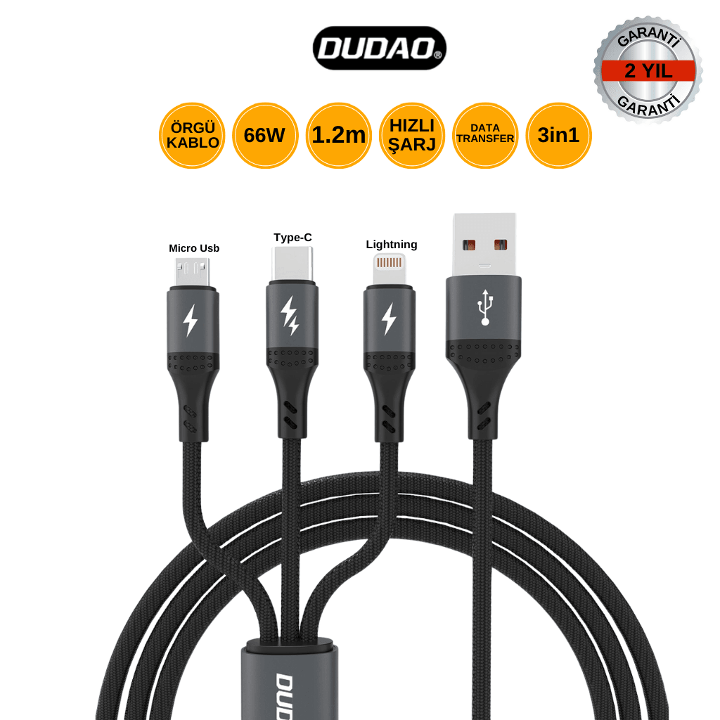 DUDAO L3E 66W 3in1 Örgü Şarj Kablosu (USB to Type-C + Lightning + Micro USB) - 1.2m, 2 Yıl Garanti