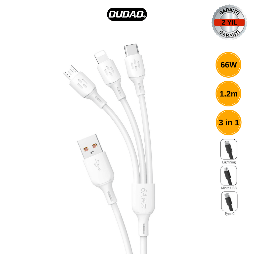 DUDAO L8A 66W Süper Hızlı Şarj Destekli 3'ü 1 Arada Şarj Kablosu (1.2 Metre)