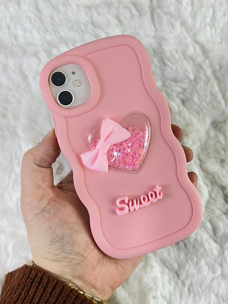 iPhone 12 Renkli Kalp Kurdele Detaylı Simli Dalgalı Sweety Kılıf