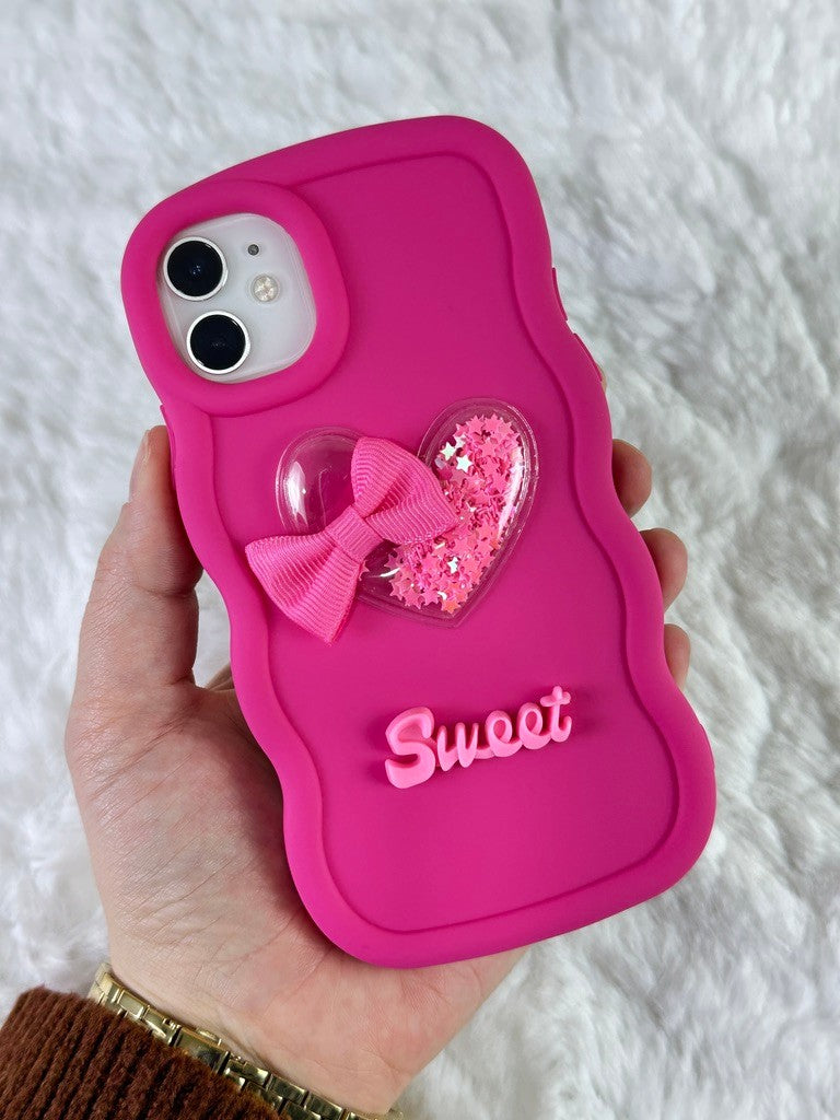 iPhone 12 Renkli Kalp Kurdele Detaylı Simli Dalgalı Sweety Kılıf