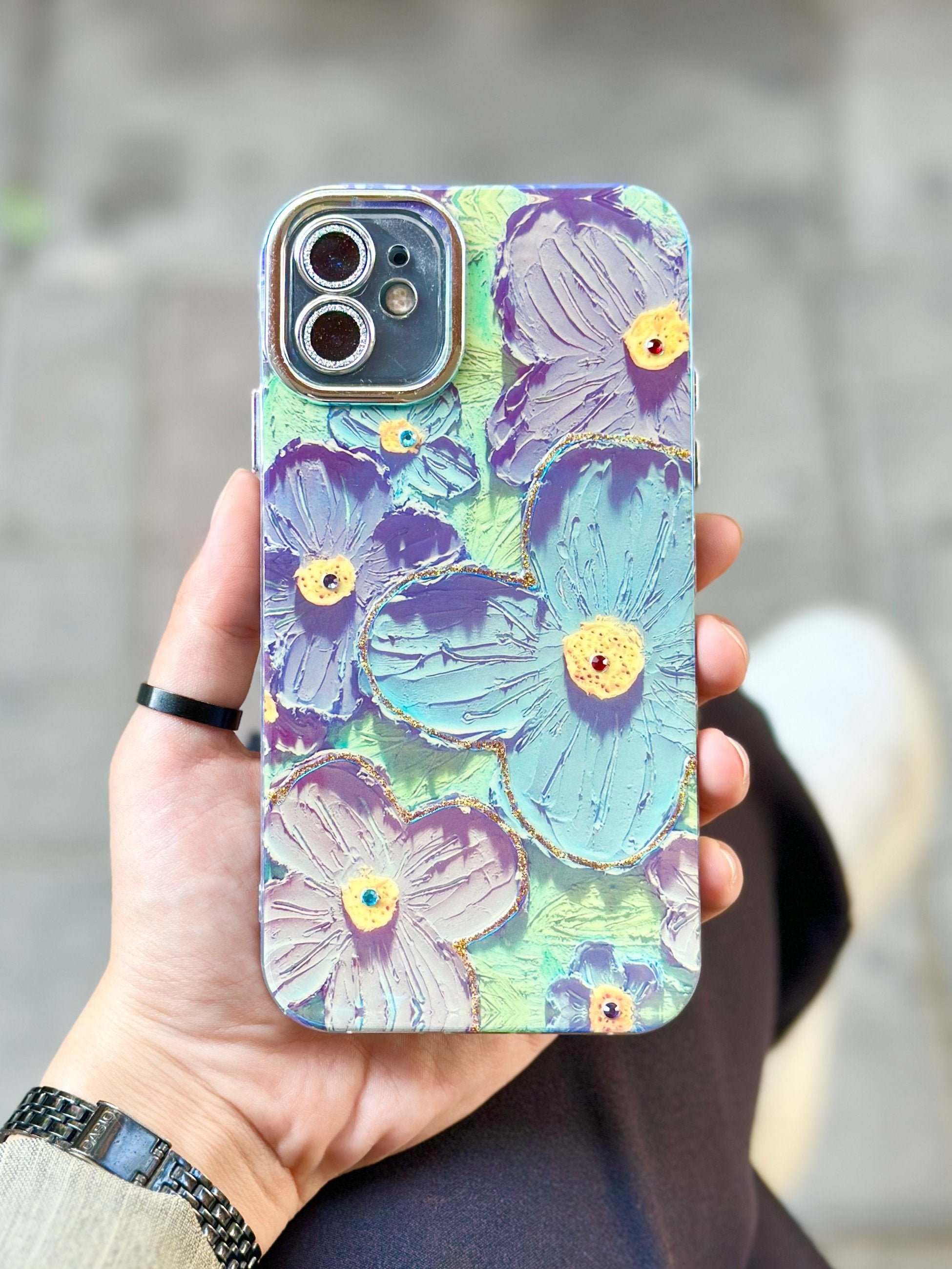iPhone 12 Çiçek Desenli Lens Koruyuculu Paint Kılıfı
