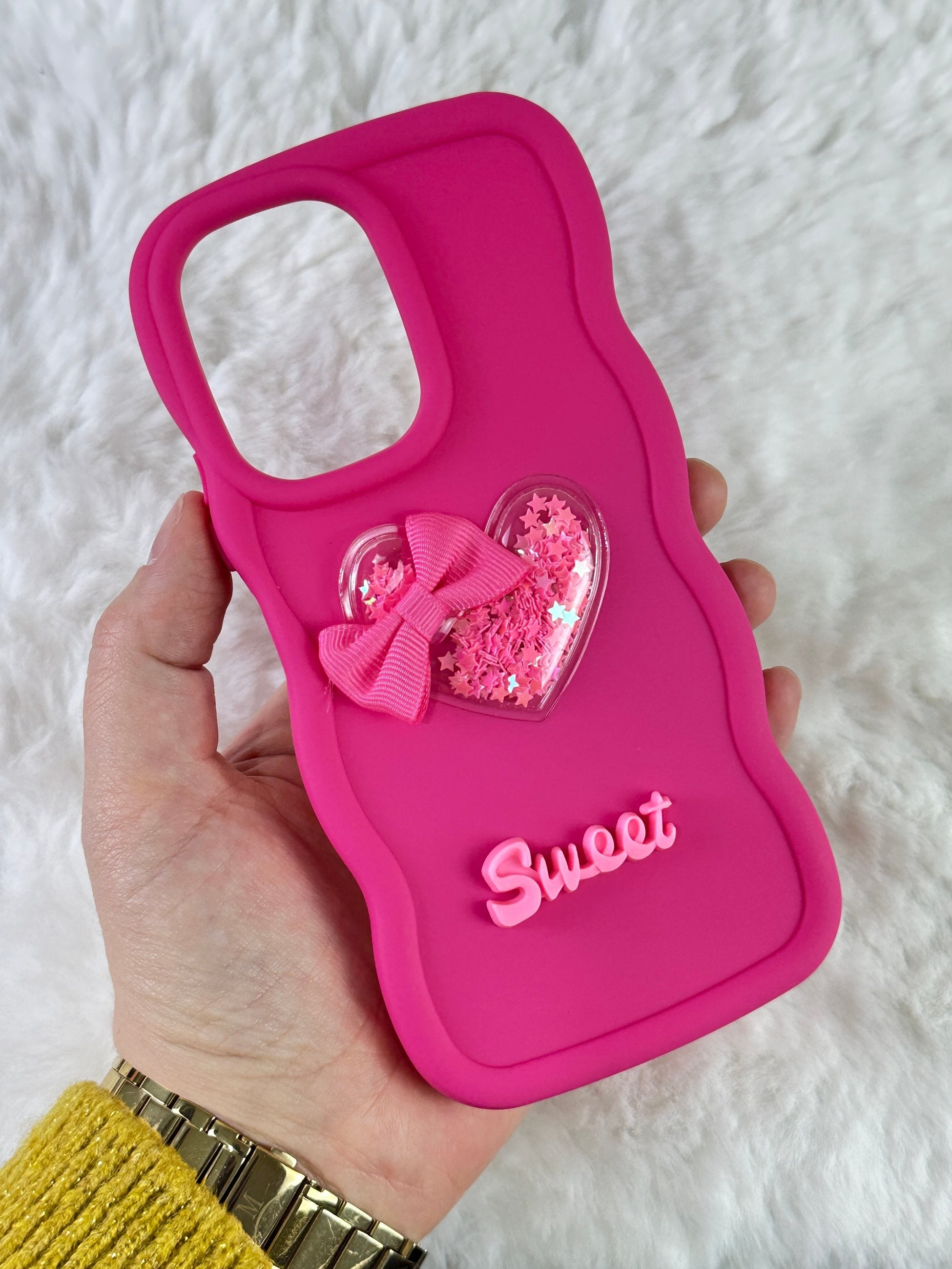 Redmi 13C Uyumlu Renkli Kalp Kurdele Detaylı Simli Dalgalı Sweety Kılıf