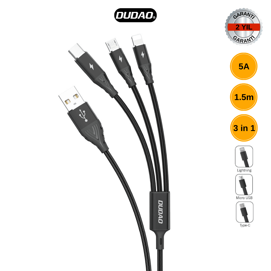 DUDAO L8PLUS Örgülü 3'ü 1 Arada Şarj Kablosu ve Data Kablosu (Veri Aktarma) (1.5 Metre)