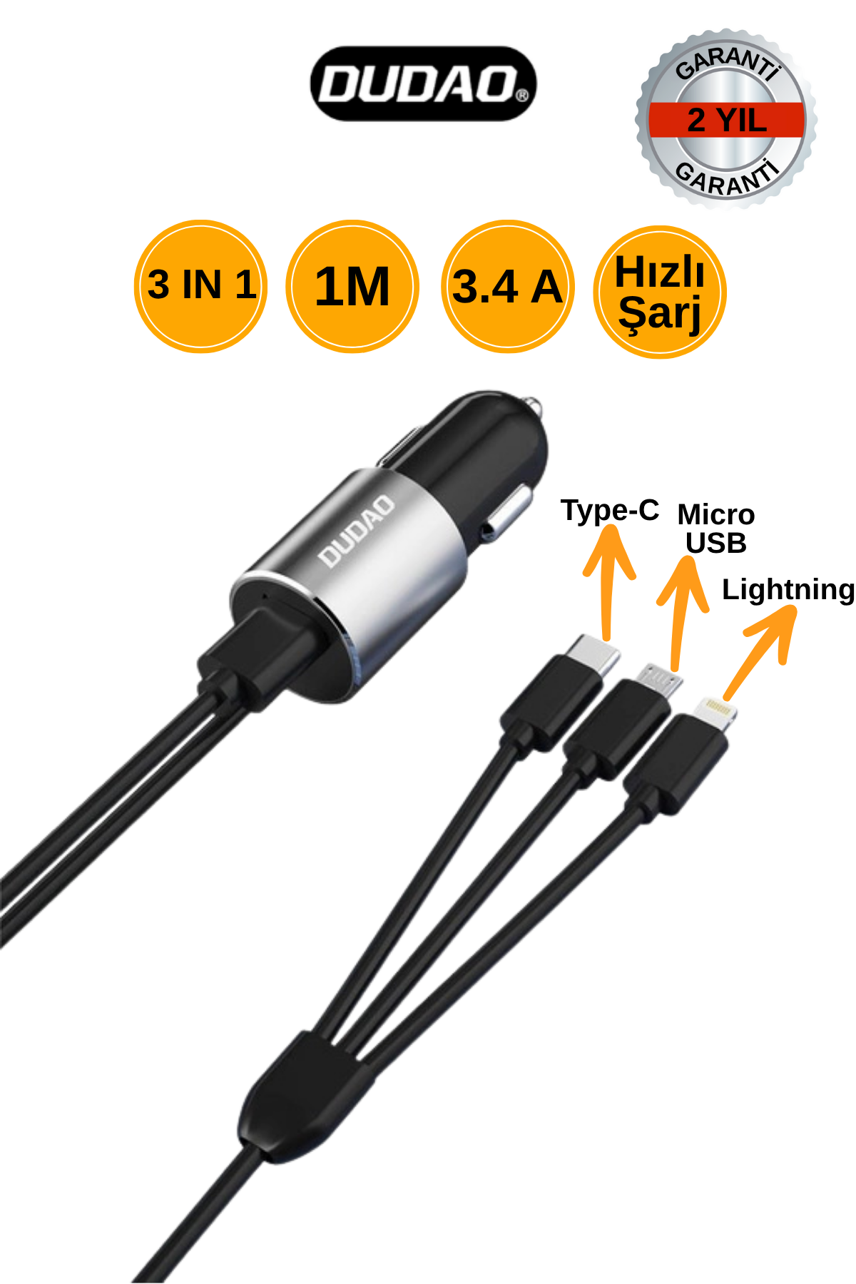 DUDAO R5PRON 3'ü 1 Arada USB Araç Şarj Cihazı 3.4 A Dahili Lightning / USB Type C / Micro USB Kablo