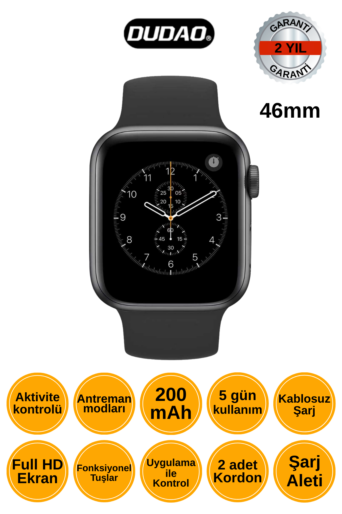 DUDAO 46mm Akıllı Saat Full HD Ekran 200mAh Batarya Kablosuz Şarj 2 Yıl Garantili W11 Siyah