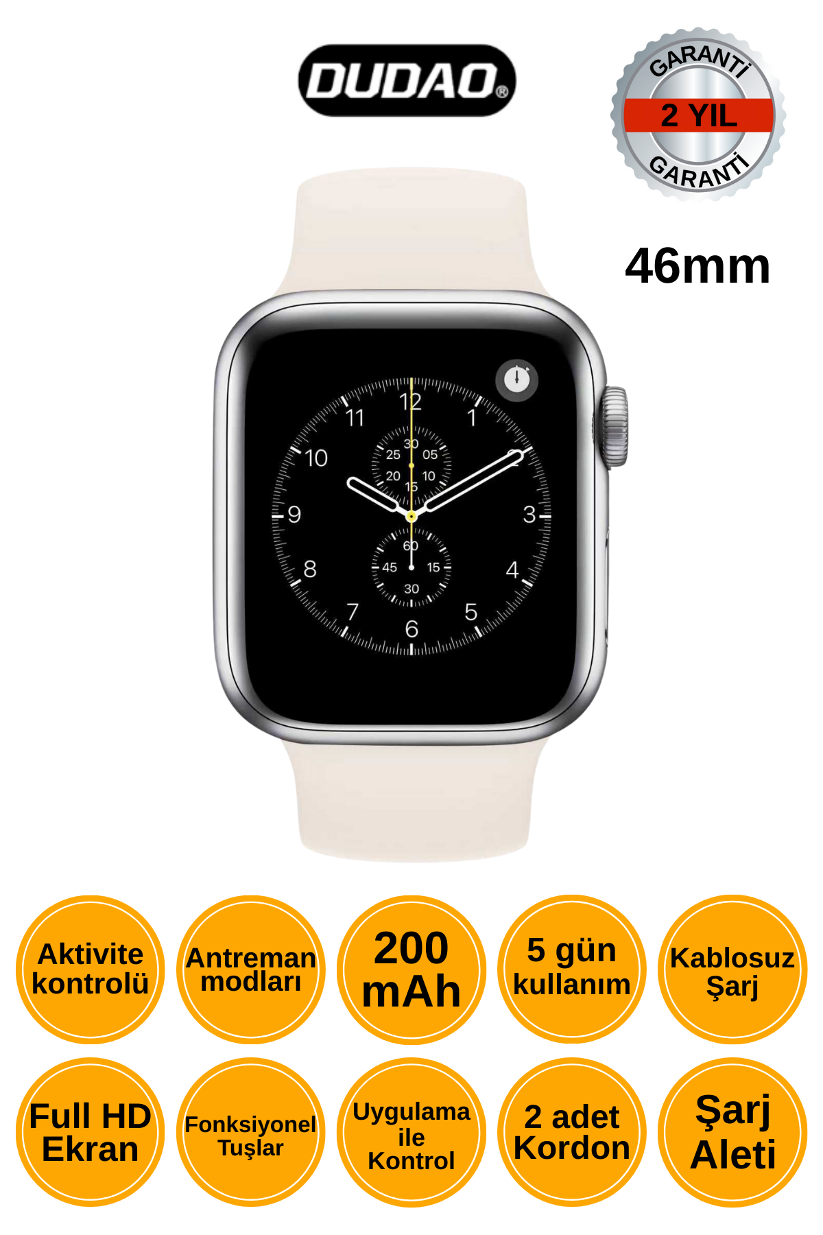 DUDAO 46mm Akıllı Saat Full HD Ekran 200mAh Batarya Kablosuz Şarj 2 Yıl Garantili W11 Beyaz