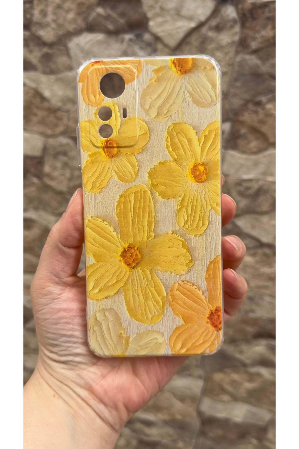 Redmi Note 12S Uyumlu Sarı Çiçek Desenli Şeffaf Darbe Emici Kamera Korumalı Clear Kılıf