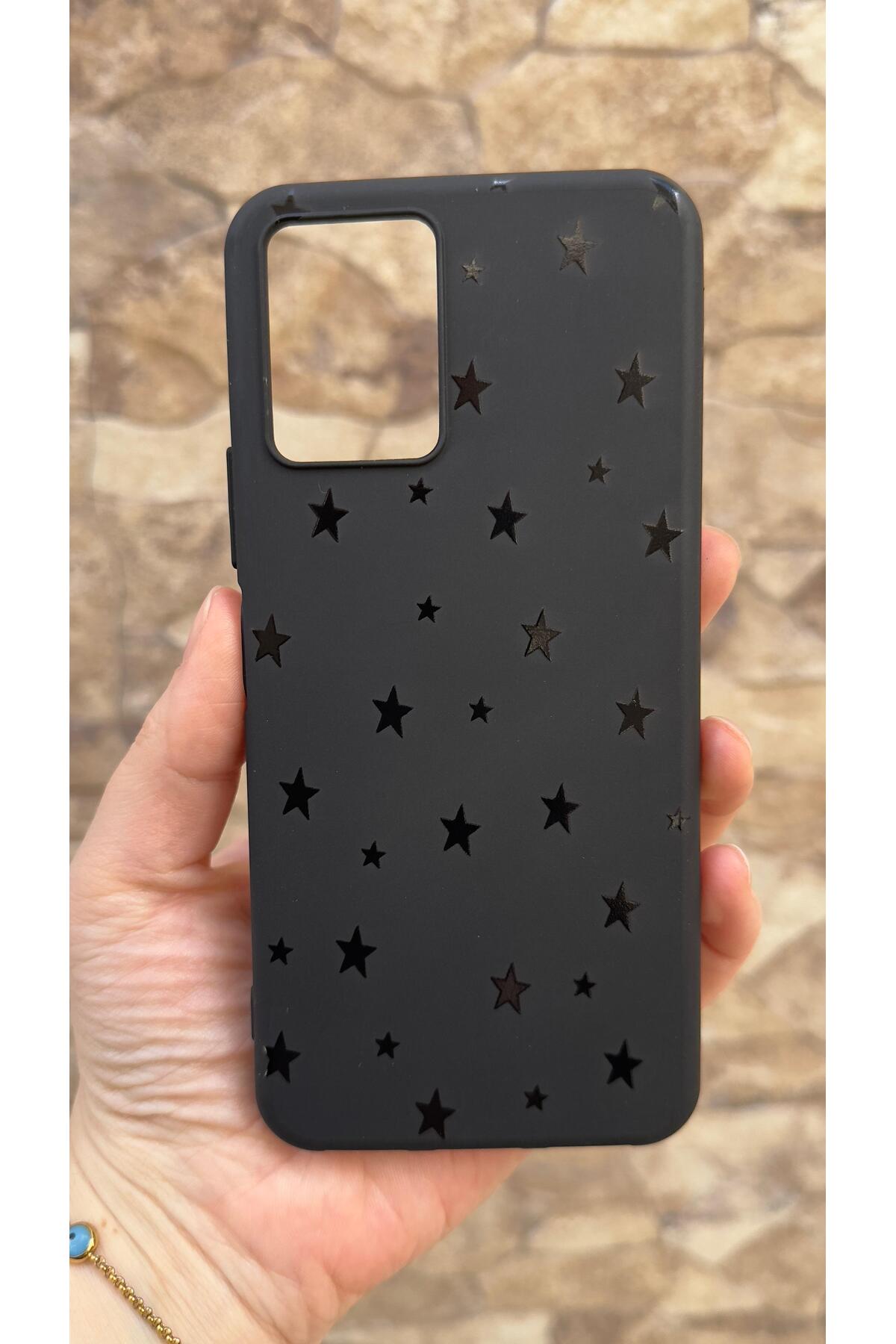 Vivo Y21 Uyumlu Mini Siyah Yıldız Desenli Silikon Darbe Emici Klasik Korumalı Rubber Kılıf