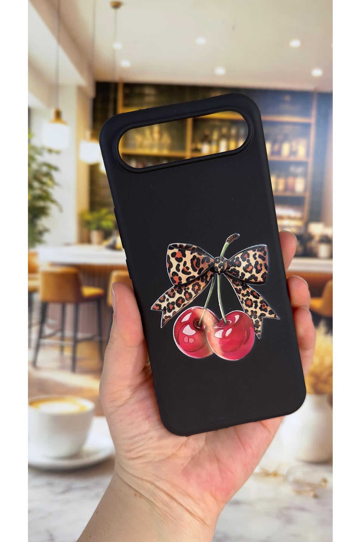 Tecno Spark Slim Uyumlu Kiraz Fiyonk Leopar Desenli Silikon Darbe Emici Klasik Rubber Kılıf