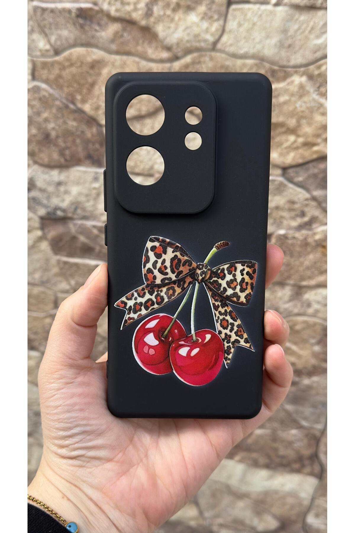 İnfinix Zero 30 4g Uyumlu Kiraz Fiyonk Leopar Desenli Silikon Darbe Emici Klasik Korumalı Kılıf