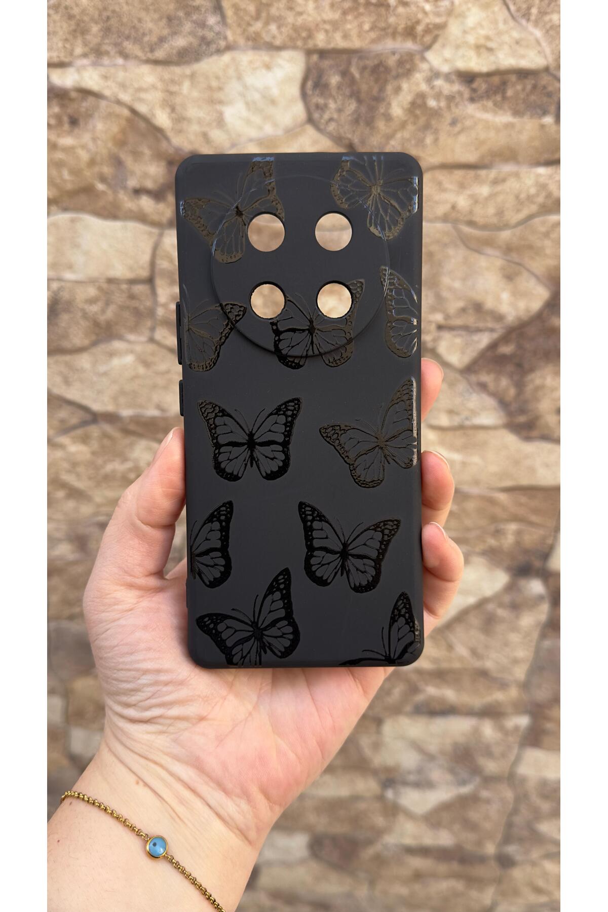 Honor Magic 7 Lite 5G Uyumlu Siyah Kelebek Desenli Silikon Darbe Emici Klasik Korumalı Rubber Kılıf