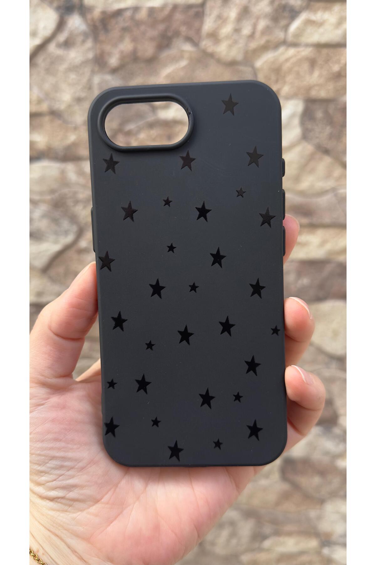 İphone 16E Uyumlu Mini Siyah Yıldız Desenli Silikon Darbe Emici Klasik Korumalı Rubber Kılıf