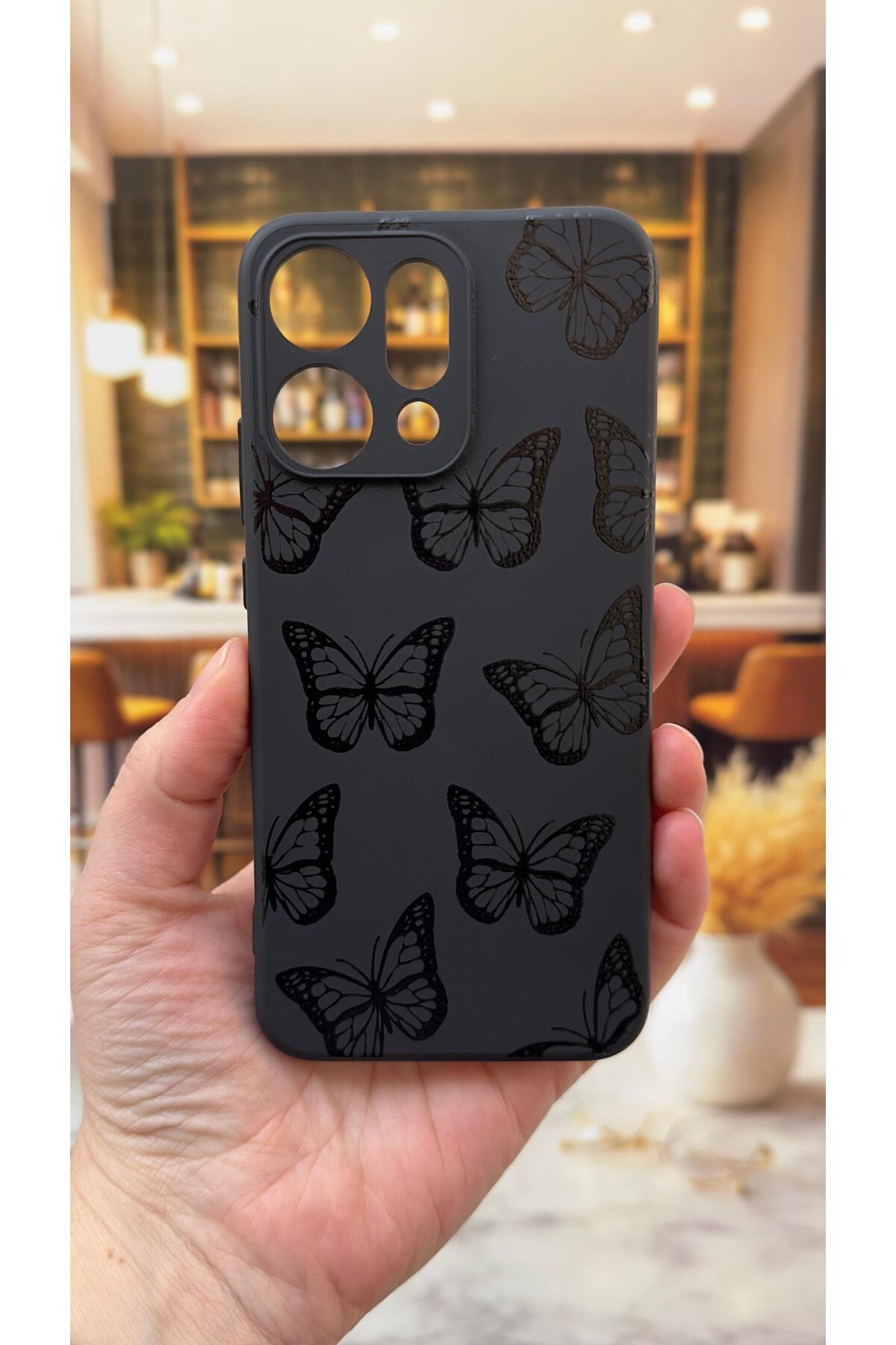 OPPO RENO 14 Uyumlu Siyah Kelebek Desenli Silikon Darbe Emici Klasik Korumalı Rubber Kılıf