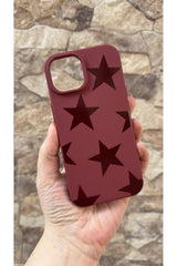 iPhone 14 Plus ve 15 Plus Uyumlu Bordo Star Silikon Darbe Emici Klasik Korumalı Rubber Kılıf