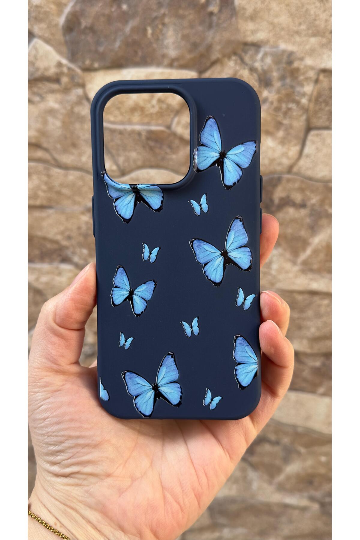 Iphone 15 Pro Uyumlu Mavi Kelebek Desenli Silikon Darbe Emici Klasik Korumalı Rubber Kılıf